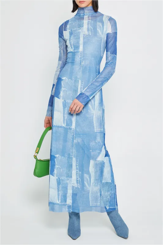 Contrast Denim Print  High Collar Long Sleeve Maxi Dress sold by Micas