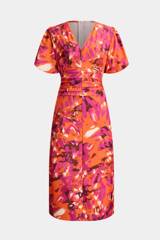 Watercolor Print Pleated V-Neck Puff Short Sleeve Midi Dress made by Micas