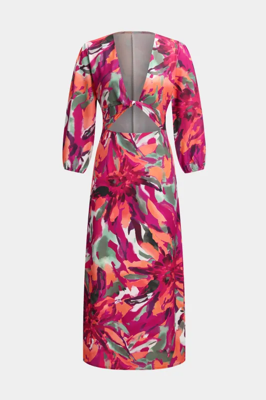 Watercolor Print Twist Knot Cut Out Tie-Back Long Sleeve Midi Dress sold by Micas