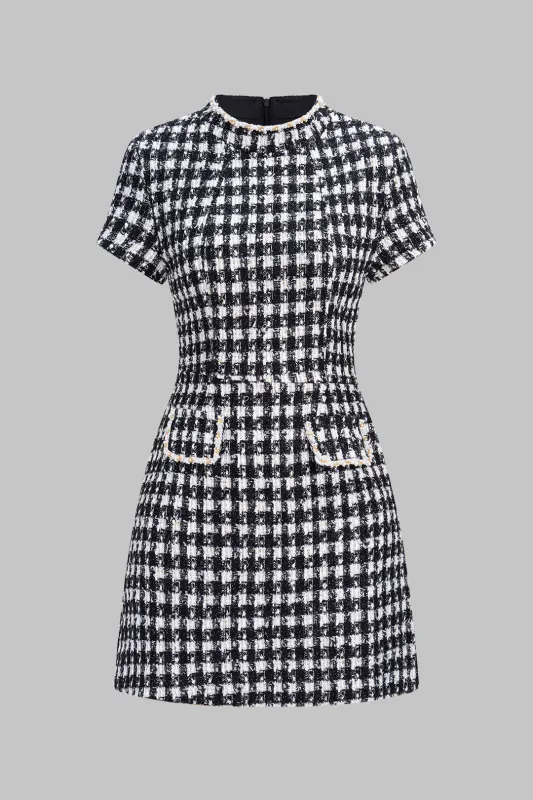 Tweed Plaid Round Neck Pearl Decor Short Sleeve Mini Dress sold by Micas