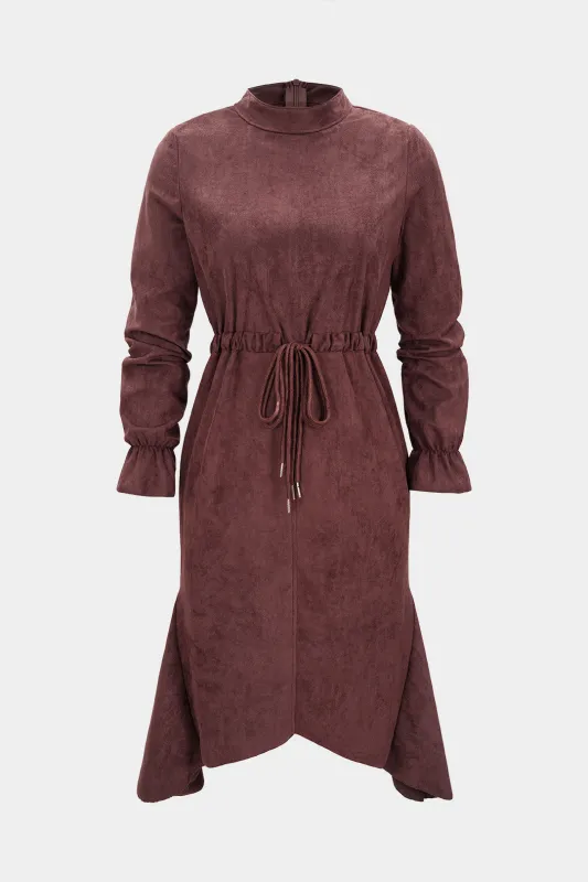 Suede Drawstring Zipper Long Sleeve Midi Dress sold by Micas