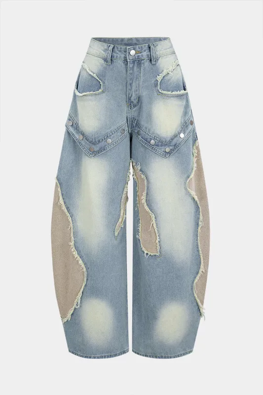Denim Patchwork Frayed Rivets Straight-Leg Jeans sold by Micas