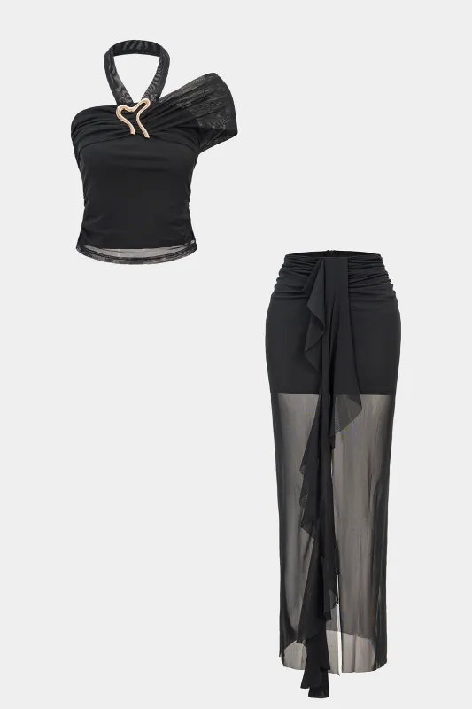 Mesh One Shoulder Halter Neck Cami Top And Bodycon Skirt Set sold by Micas