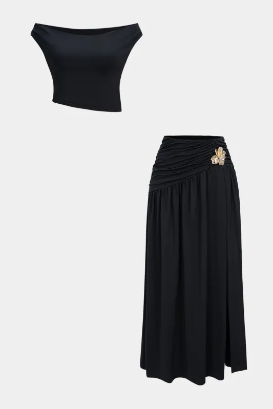 Off-Shoulder Short Sleeve Top And Metallic Decor Split High-Waisted Skirt Set sold by Micas