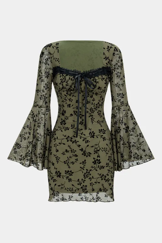 Floral Print Square Neck Tie-Front Bell Long Sleeve Mini Dress sold by Micas