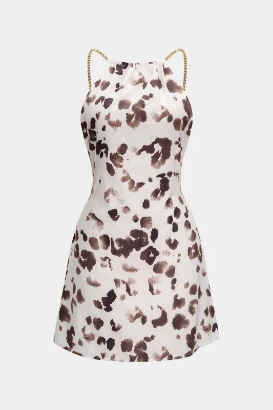 Splatter Print Halter Neck Backless Chain Slip Sleeveless Mini Dress sold by Micas