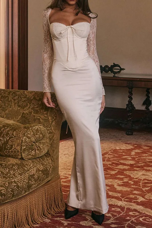 Satin Patchwork Backless Long Sleeve Maxi Dress sold by Micas