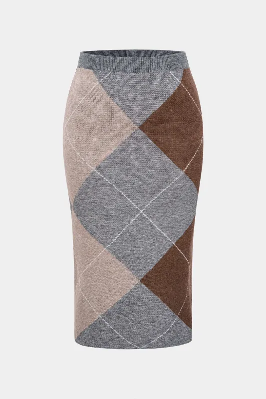 Plus Size Knit Contrast Plaid Print Skirt made by Micas