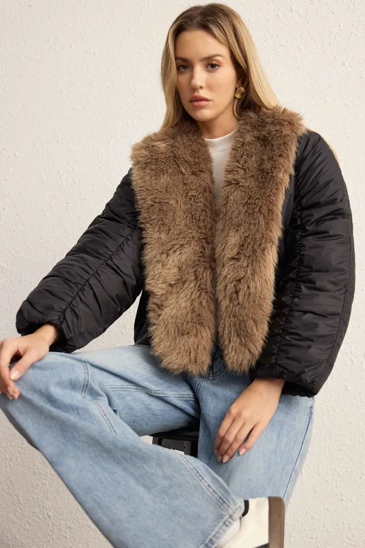 Faux Fur Collar Patchwork Puffer made by Micas