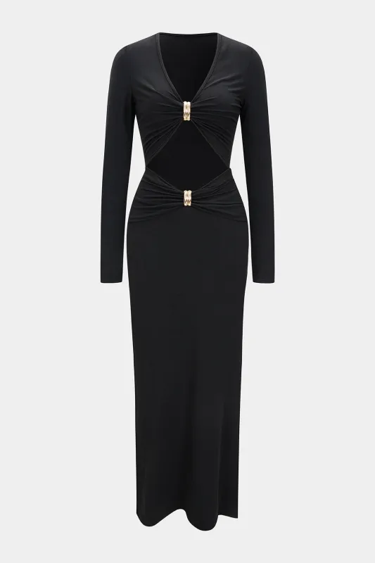 Metallic Decor V-Neck Cut Out Long Sleeve Maxi Dress made by Micas