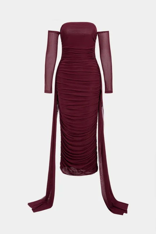 Mesh Off Shoulder Ruched Long Sleeve Maxi Dress sold by Micas