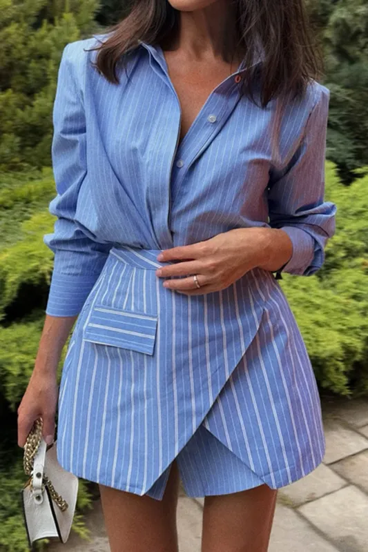 Stripes Print Button Long Sleeve Shirt And Tie-Up Skirt Set sold by Micas