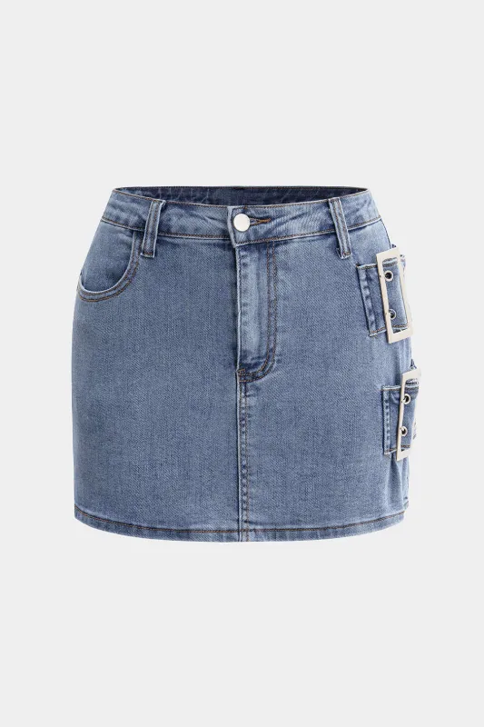 Asymmetrical Metallic Low Waist Denim Skirt sold by Micas