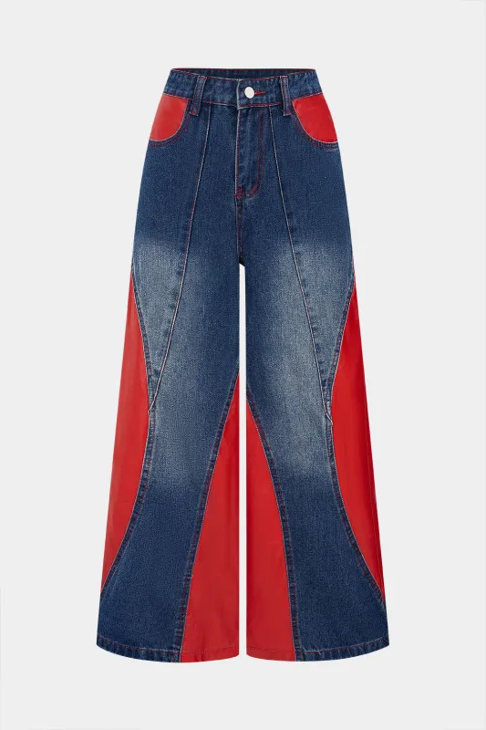 Denim Faux Leather Washed Print Patchwork Pocket Jeans sold by Micas