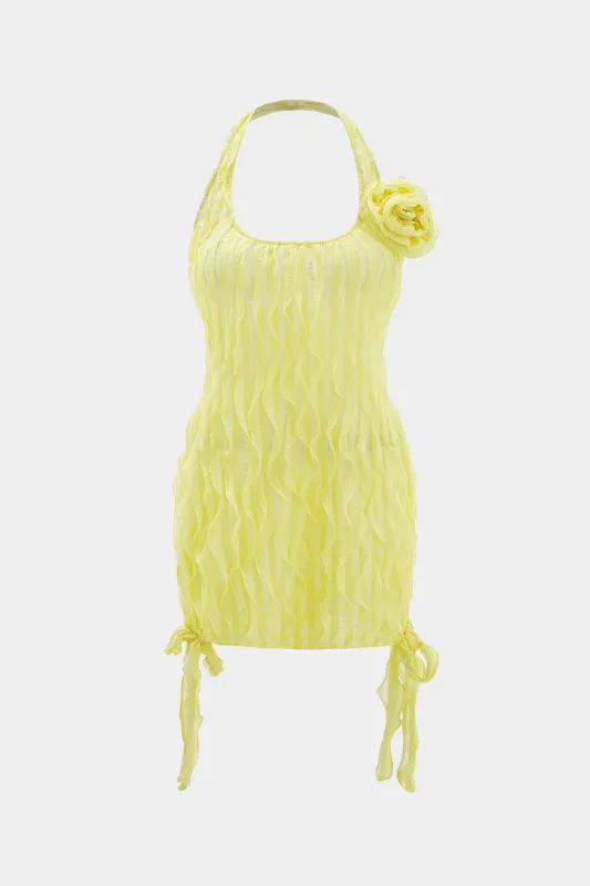 3D Floral Decor Ruched Tie Front Halter Neck Mini Dress sold by Micas