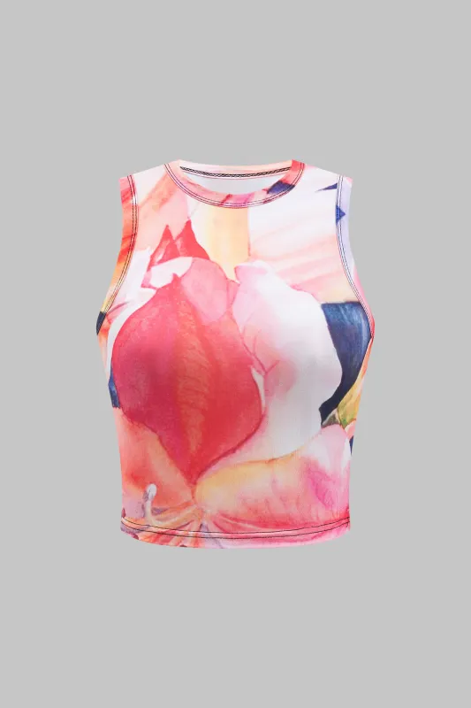 Contrast Abstract Floral Print Round Neck Tank Top sold by Micas
