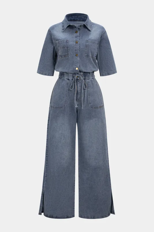 Denim Button Drawstring Pocket Short-Sleeve Jumpsuit sold by Micas