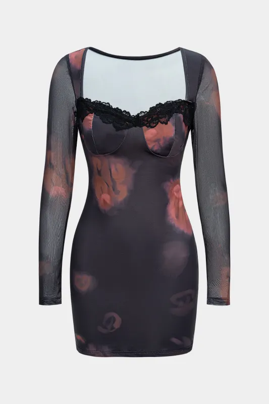 Floral Print Patchwork Lace Trim Sleeveless Mini Dress sold by Micas