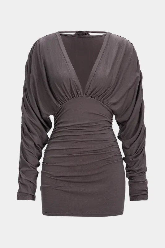V-Neck Tie-Up Ruched Long Sleeve Mini Dress sold by Micas