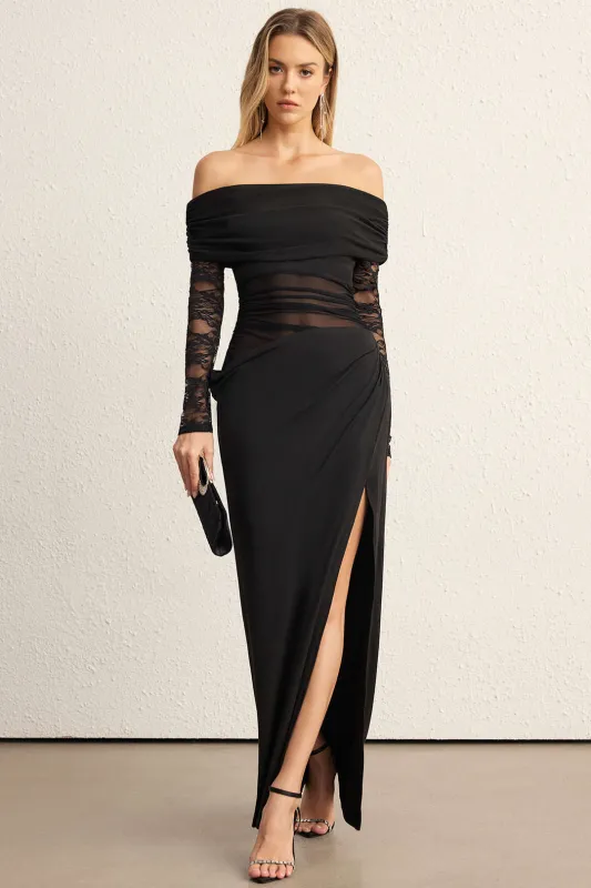 Off Shoulder Patchwork Long Sleeve Maxi Dress sold by Micas