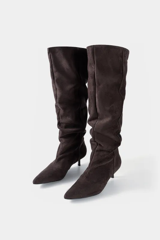 Suede Ruched Pointed Knee High Boots sold by Micas