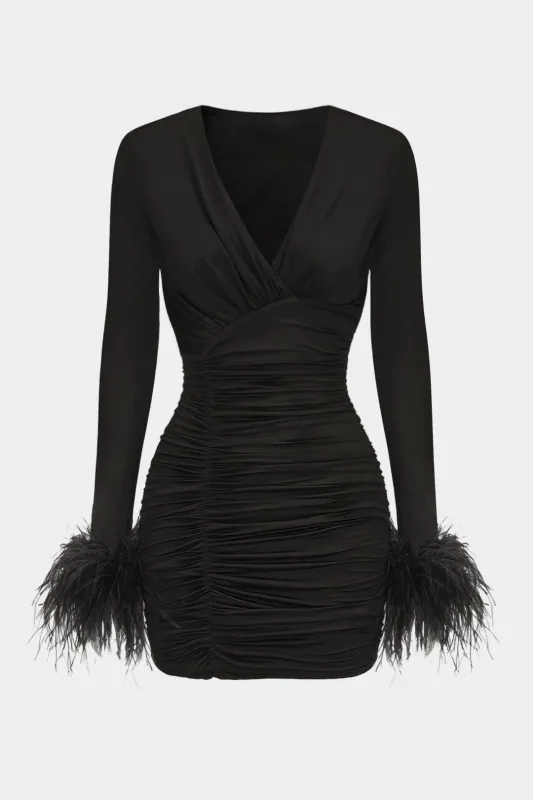 Ruched Feather Trim V-Neck Asymmetrical Long Sleeve Mini Dress made by Micas
