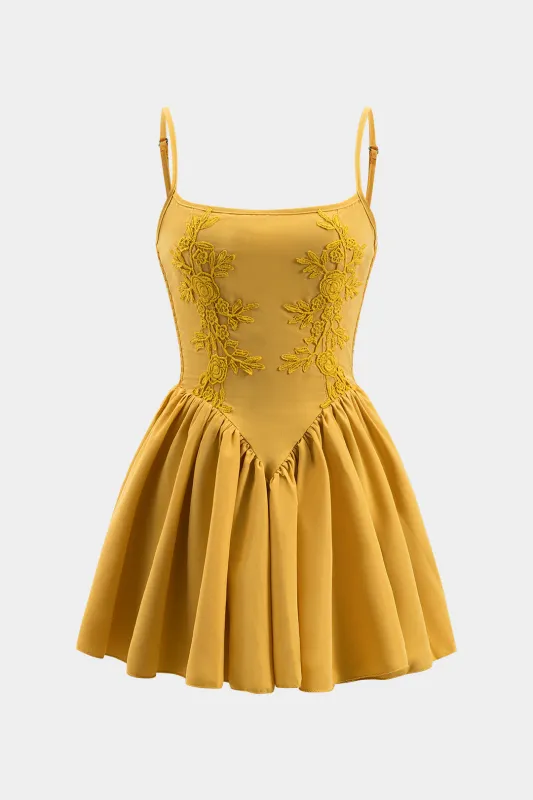 Flower Appliques Smocked Puff Hem Sleeveless Mini Dress sold by Micas