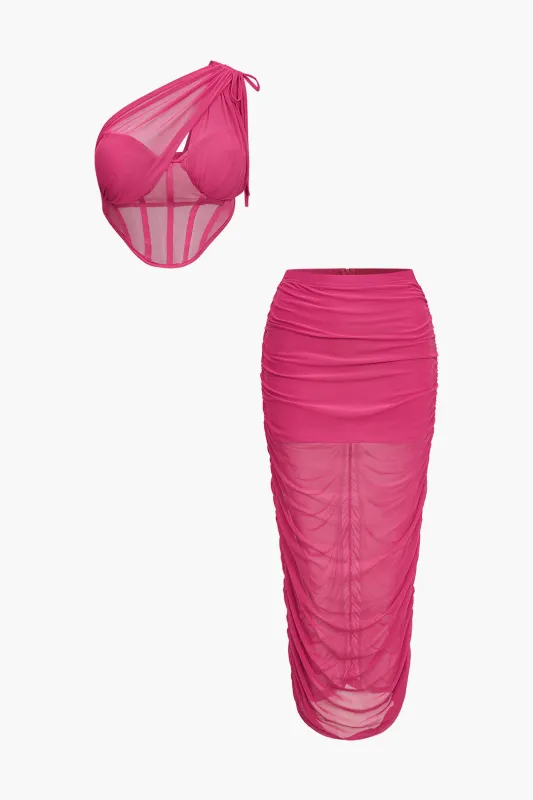 Sheer Mesh Drawstrings Corset Top And Asymmetrical Ruched Skirt Set sold by Micas