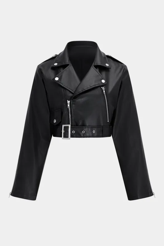 Faux Leather Button Zipper Belted Jacket sold by Micas