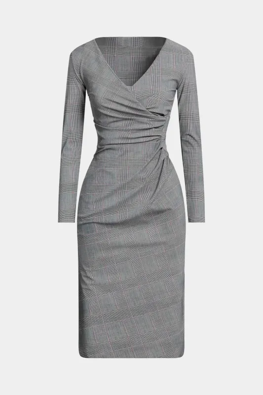 Plaid Print V-Neck Asymmetrical Ruched Long Sleeve Midi Dress sold by Micas