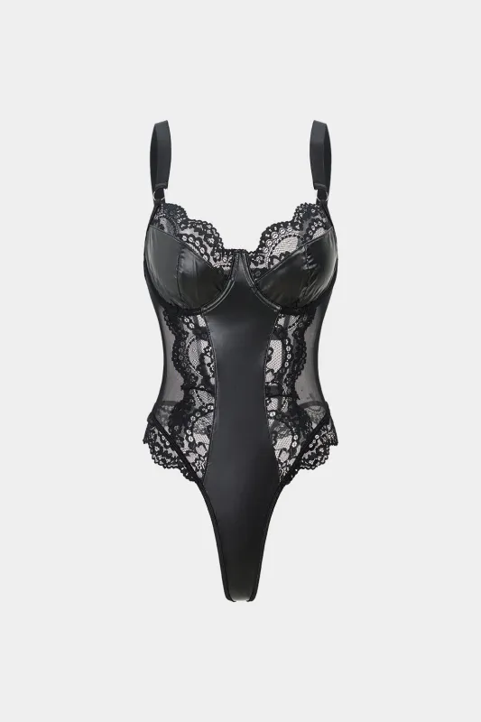 Faux Leather Patchwork Mesh Lace Trim Bodycon Sleeveless Bodysuit sold by Micas