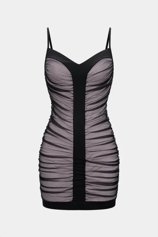 Patchwork Ruched V-Neck Slip Sleeveless Mini Dress sold by Micas