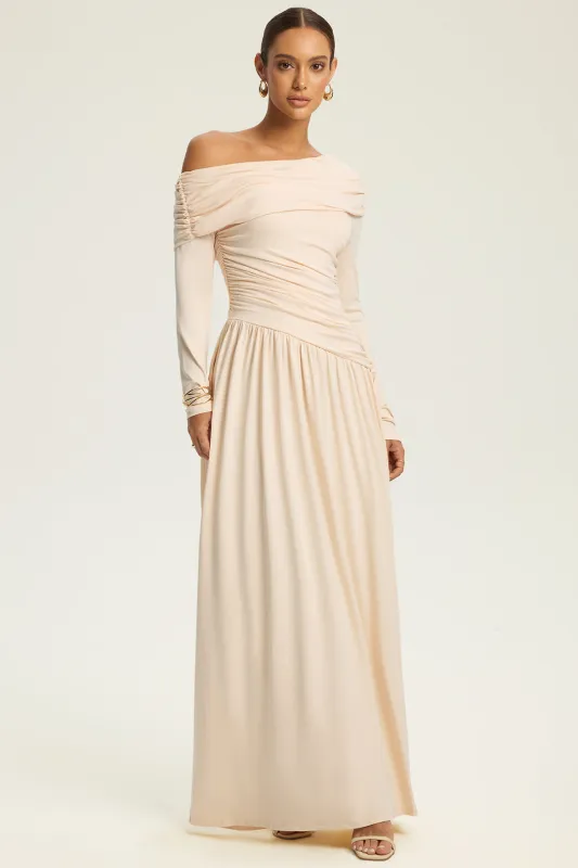 Solid Asymmetrical Ruched Long Sleeve Maxi Dress sold by Micas