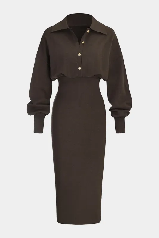 Solid Button Long Sleeve Midi Dress sold by Micas