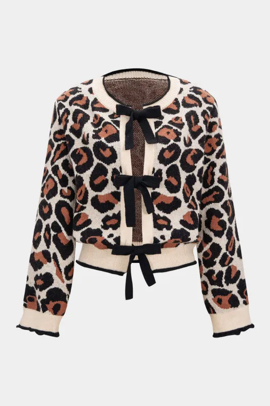 Knit Leopard Print Round Neck Tie-Up Cardigan sold by Micas