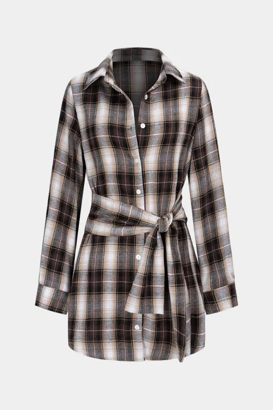 Retro Plaid Print Knotted Long Sleeve Mini Dress made by Micas