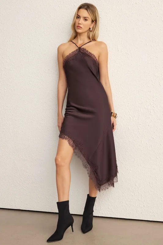 Satin Patchwork Lace Trim Slip Sleeveless Midi Dress sold by Micas