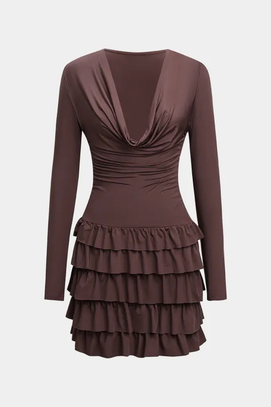Draped Cowl Neck Ruffle Layered Long Sleeve Mini Dress sold by Micas