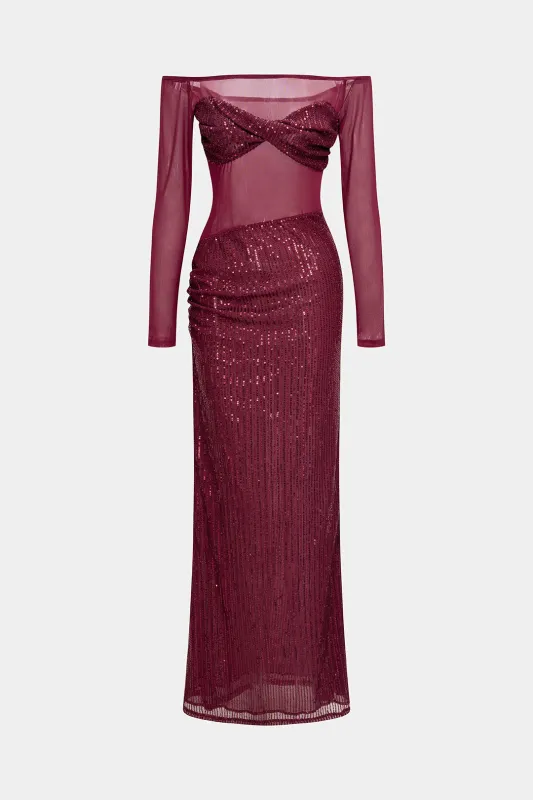 Mesh Patchwork Sequin Off Shoulder Ruched Long Sleeve Maxi Dress sold by Micas