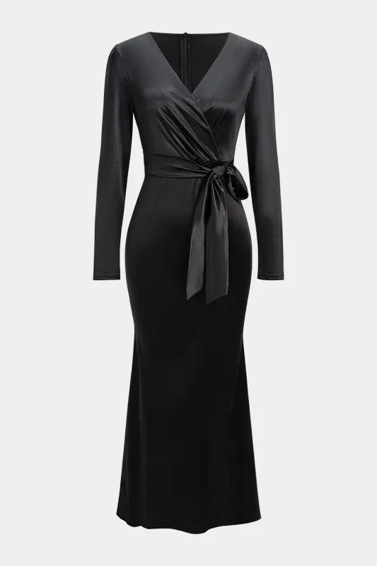 Satin Ruched V-Neck Belted Long Sleeve Midi Dress made by Micas