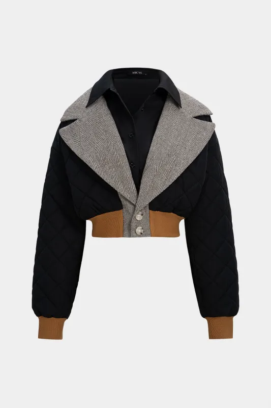 Notched Lapel Patchwork Stitching Detail Puffer made by Micas