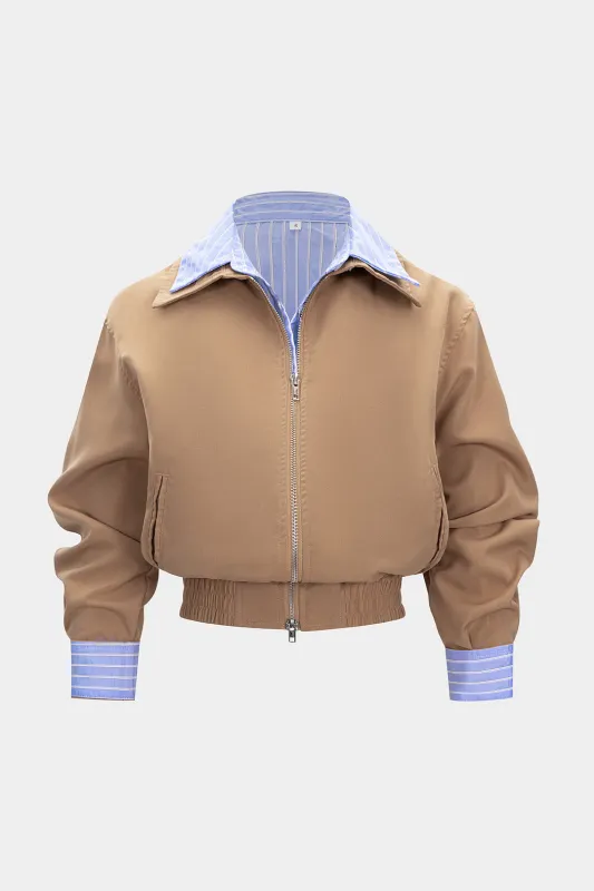 Stripes Contrast Print Patchwork Shirred Jacket sold by Micas