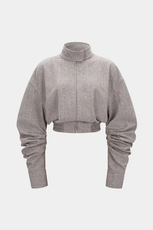 High Neck Ruched Shirred Zipper Cropped Jacket sold by Micas