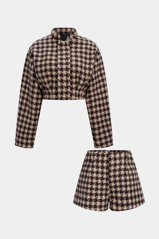 Houndstooth Print Long-Sleeve Top And Zipper Shorts Set sold by Micas