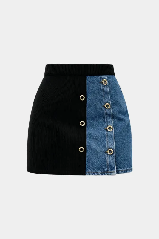 Knit Denim Patchwork Metallic Eyelet Mini Skirt made by Micas