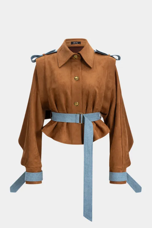 Suede Patchwork Button Belted Long-Sleeve Top made by Micas