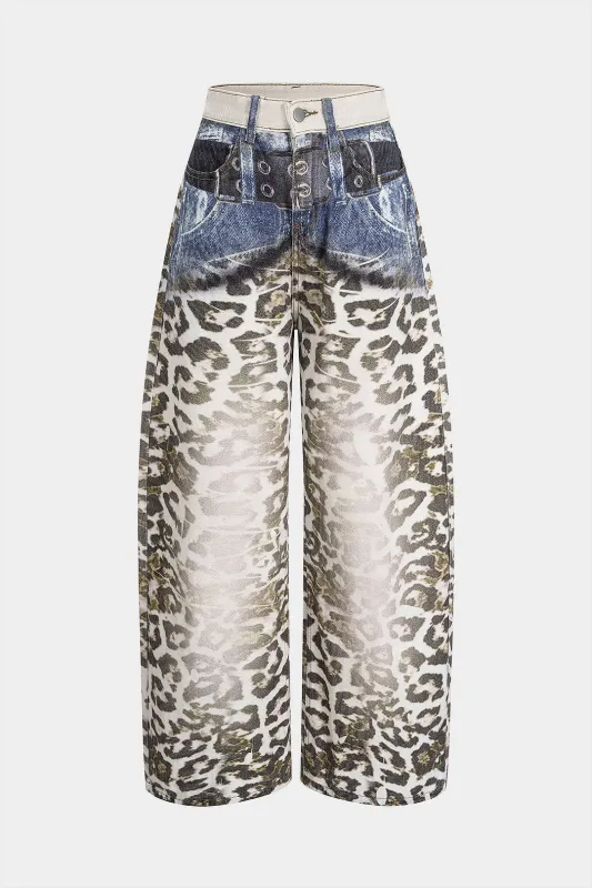 Denim Leopard Print Wide Leg Jeans sold by Micas