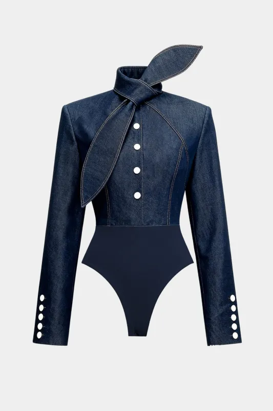 Denim Tie-Up Button Bodysuit sold by Micas