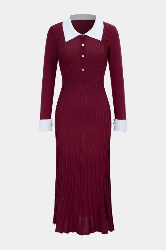 Knit Patchwork Lapel Button Long Sleeve Dress sold by Micas