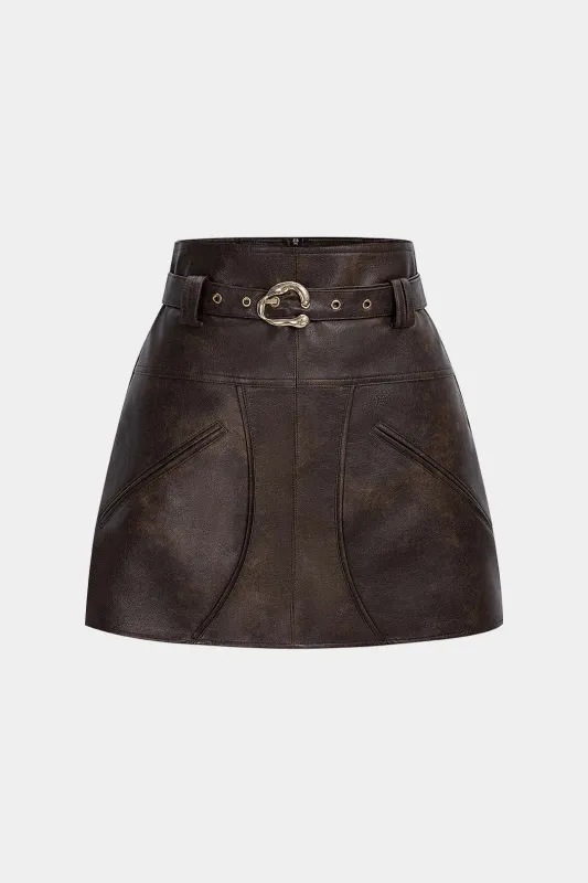 Faux Leather Pocket Belted Skirt sold by Micas